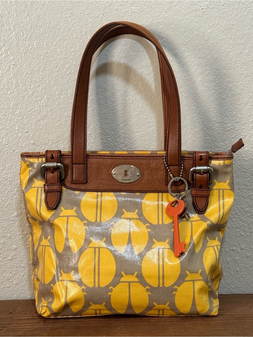 Fossil Large Yellow LadyBug Print Gray Coated Canvas Shoulder Bag